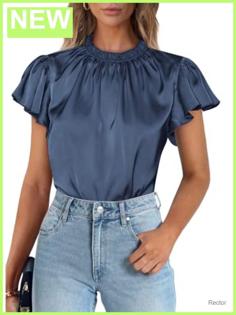 Satin Blouse Short Ruffle Sleeve Crew Neck Ruched Work Top